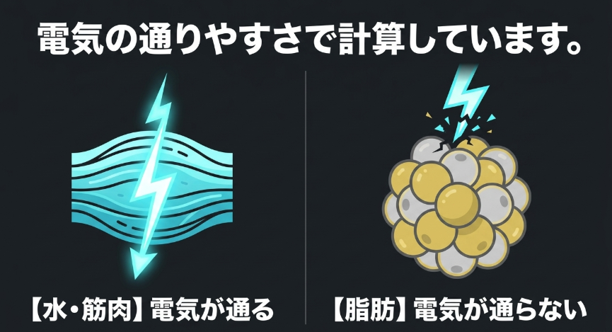 生体電気インピーダンス法は、水や筋肉は電気が通りやすく脂肪は通りにくい性質を利用して計算している