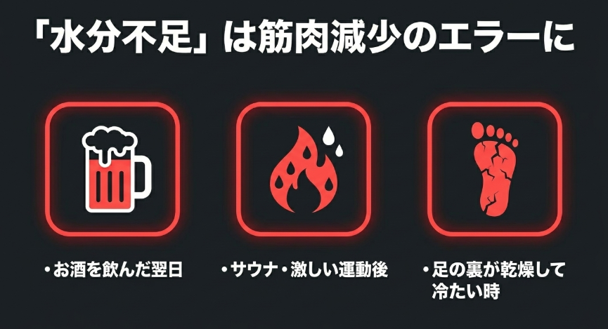 飲酒後、サウナや激しい運動後、足の裏の乾燥などの水分不足は筋肉減少のエラーを引き起こす