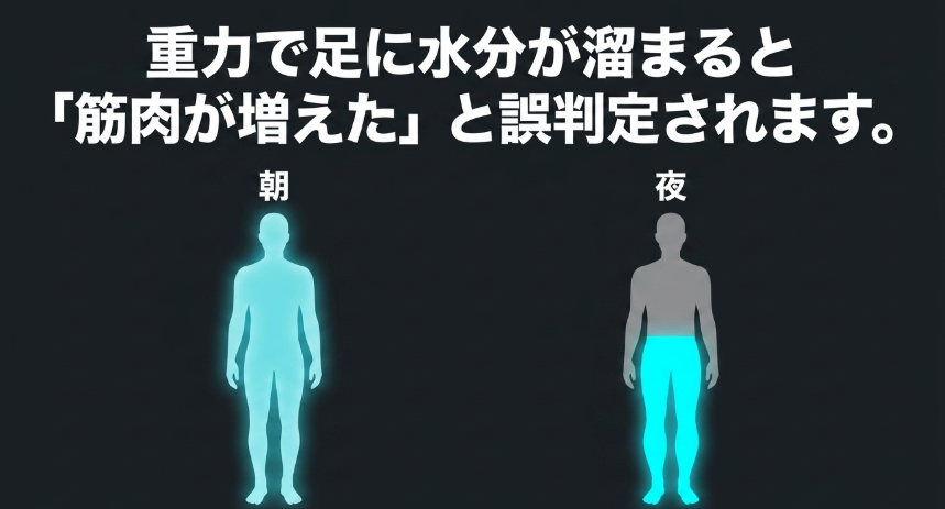夜に比べ、朝や日中は重力によって足に水分が溜まるため、筋肉が増えたと誤判定されやすい