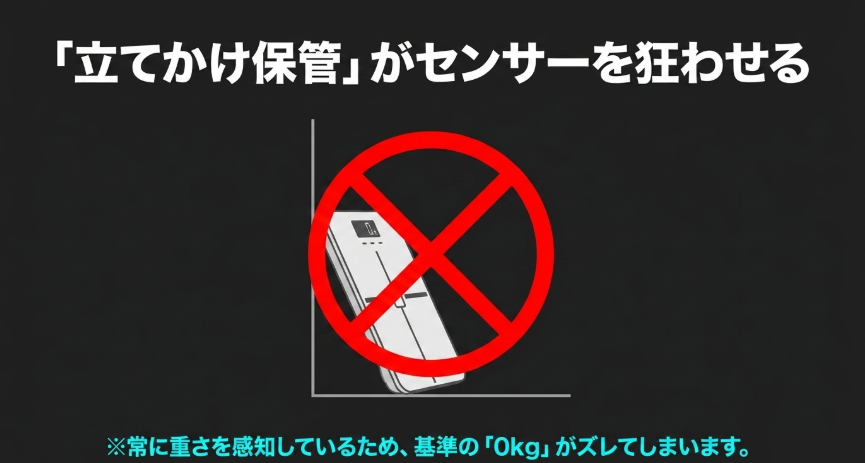 体組成計の立てかけ保管は常に重さを感知してしまうため、基準の0kgがズレてセンサーが狂う原因になる