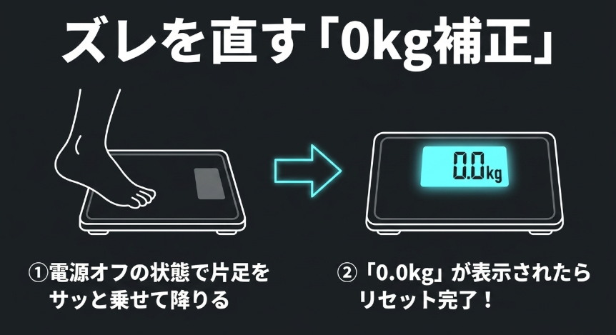 電源オフの状態で片足を乗せて降り、0.0kgが表示されたらリセット完了となる0kg補正の手順
