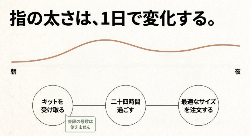 普段の号数は使えず、サイジングキットを使って24時間過ごしてから最適なサイズを注文する流れを示す図解