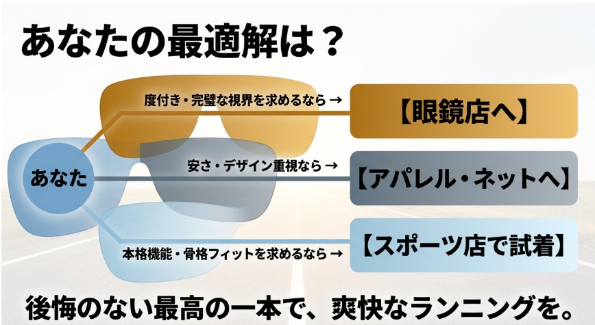 度付きなら眼鏡店、安さ重視ならアパレル・ネット、機能・フィット感ならスポーツ店という最適解のまとめ