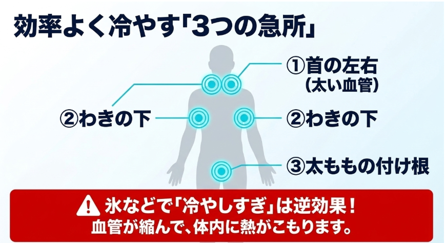 体を効率よく冷やす3つの急所:首・わき・太ももの付け根と過冷却の注意