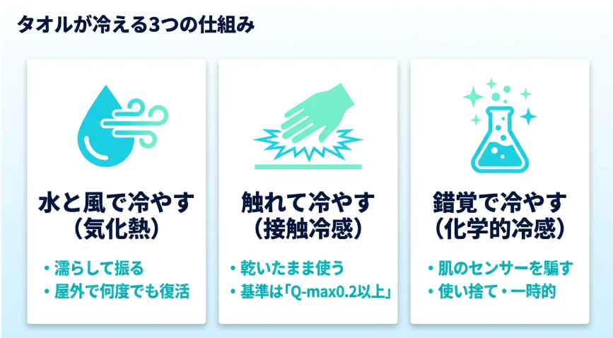 タオルが冷える3つの仕組み:気化熱・接触冷感・化学的冷感の違い