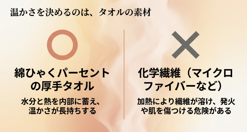 ホットタオルには保温性が高い綿100%の厚手タオルが最適で、マイクロファイバーなどの化学繊維は発火リスクがあることの比較図解