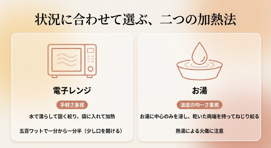 状況に合わせて選ぶ電子レンジとお湯を使った2つのホットタオルの加熱方法と手順