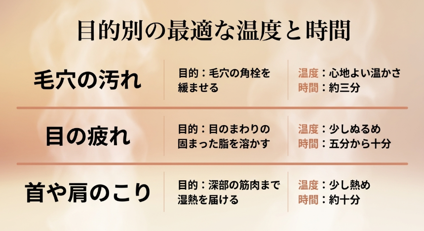 毛穴の角栓ケア、眼精疲労、首や肩のこりなど、目的別のホットタオルの最適な温度と時間の目安一覧