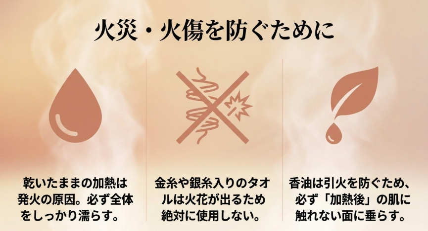 乾いたままの加熱や金属糸入りタオルの使用禁止、アロマオイルは加熱後に垂らすなど、火災や火傷を防ぐための注意点