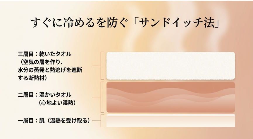 肌、温かいタオル、乾いたタオルの3層構造で蒸発と熱逃げを遮断するサンドイッチ法の図解