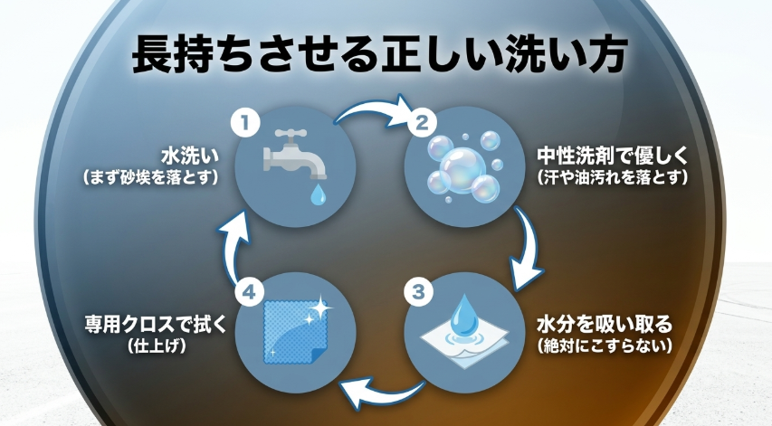 水洗い、中性洗剤、水分を吸い取る、専用クロスで拭くというサングラスの正しい洗浄4ステップ