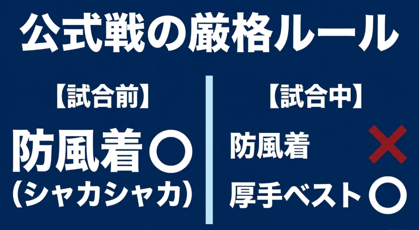 JTA公式戦の服装ルールにおける、試合前の防風着と試合中のベスト着用について