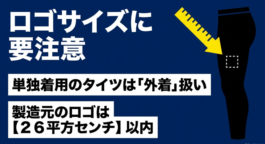 単独着用のタイツにおける製造元ロゴサイズ制限(26平方センチ以内)の注意喚起