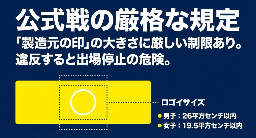 公式大会のリストバンドロゴサイズ規定（男子26平方センチ以内、女子19.5平方センチ以内）