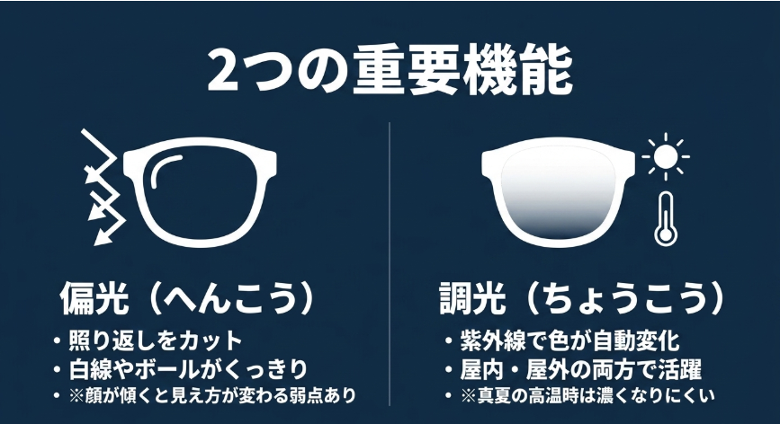照り返しをカットする偏光レンズと、紫外線で色が自動変化する調光レンズのそれぞれの特徴と弱点をまとめた図解