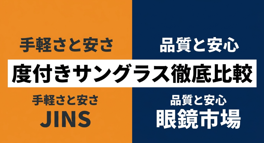 手軽さと安さのJINSと、品質と安心の眼鏡市場の度付きサングラスを徹底比較するタイトル画像