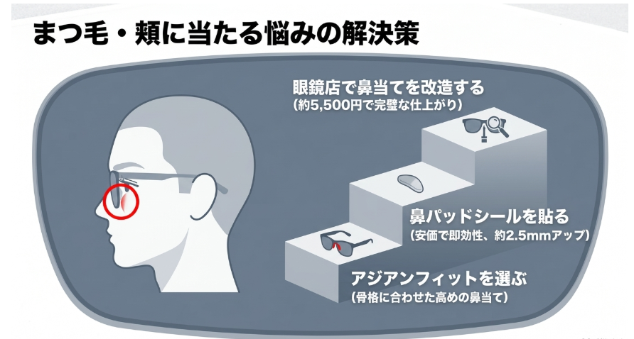 眼鏡店での鼻当て改造、鼻パッドシール、アジアンフィットの選択という3つのフィット感解決策