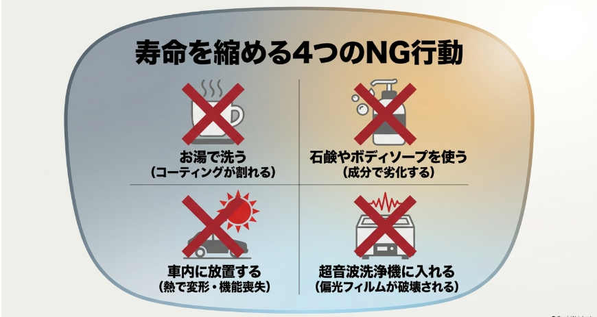 お湯で洗う、石鹸を使う、車内に放置する、超音波洗浄機に入れるという4つのNG行動