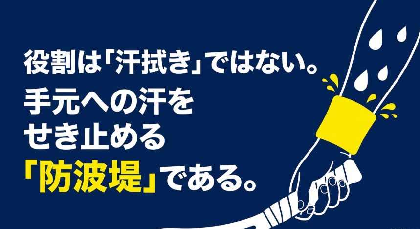 テニス用リストバンドが持つ3つの役割（滑り防止、顔の汗拭き、手首の保温と保護）