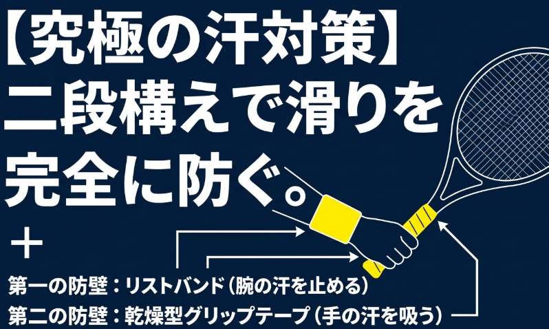 リストバンドと乾燥型グリップテープの二段構えによる究極の汗対策