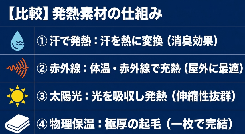 各メーカーが採用する発熱素材の仕組み(汗、赤外線、太陽光、物理保温)の比較