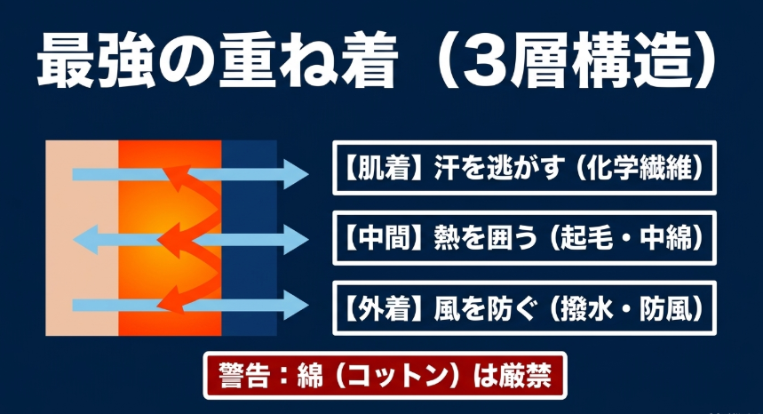 冬のテニスに最適な3層構造の重ね着(肌着、中間着、外着)と綿素材着用の注意点