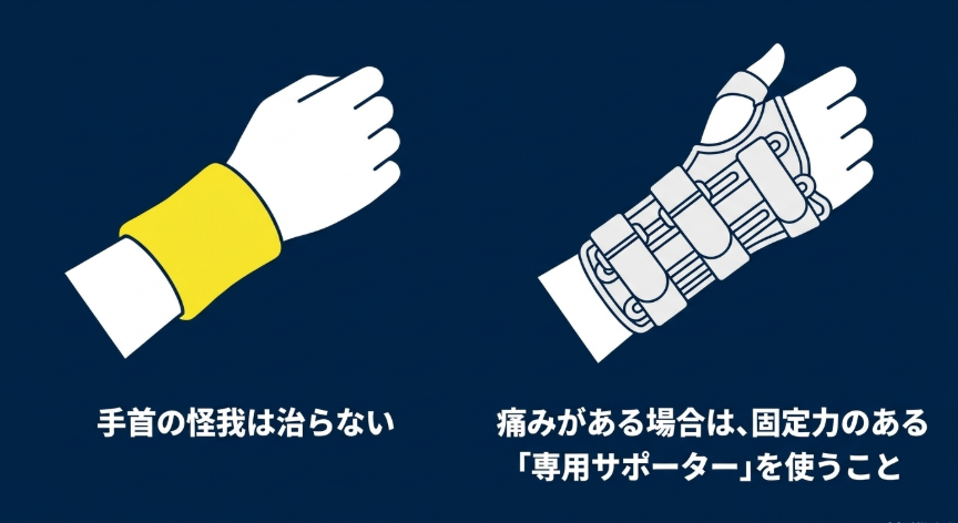 手首に怪我や痛みがある場合はリストバンドではなく固定力のある専用サポーターを使うこと