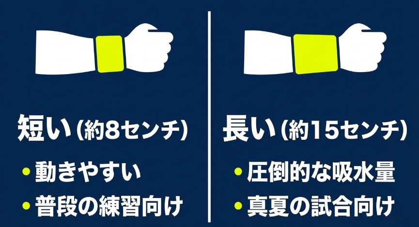リストバンドの短いサイズ（約8cm）と長いサイズ（約15cm）の特徴比較
